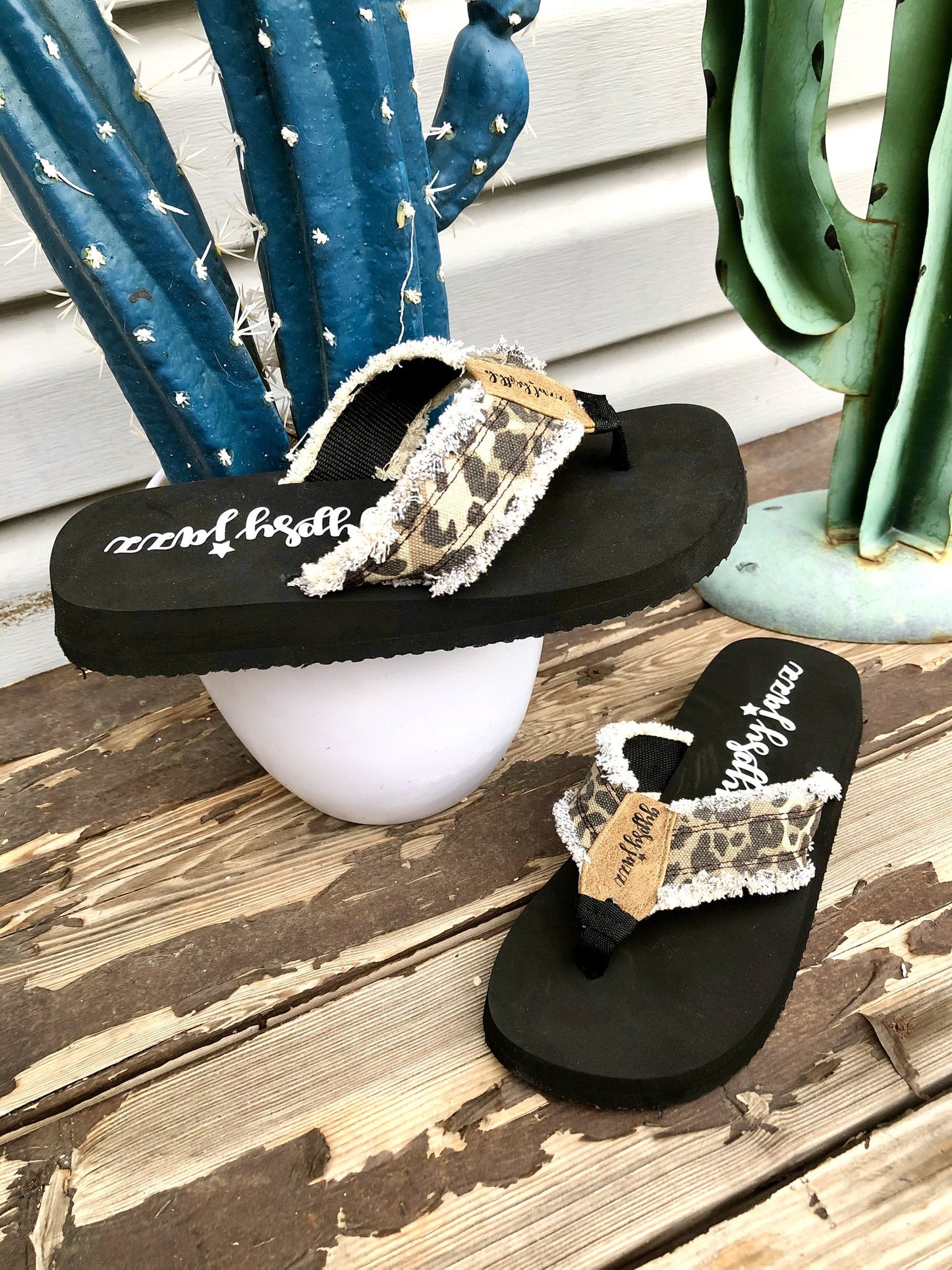 GYPSY JAZZ LEOPARD FRAYED HEM FLIP FLOPS