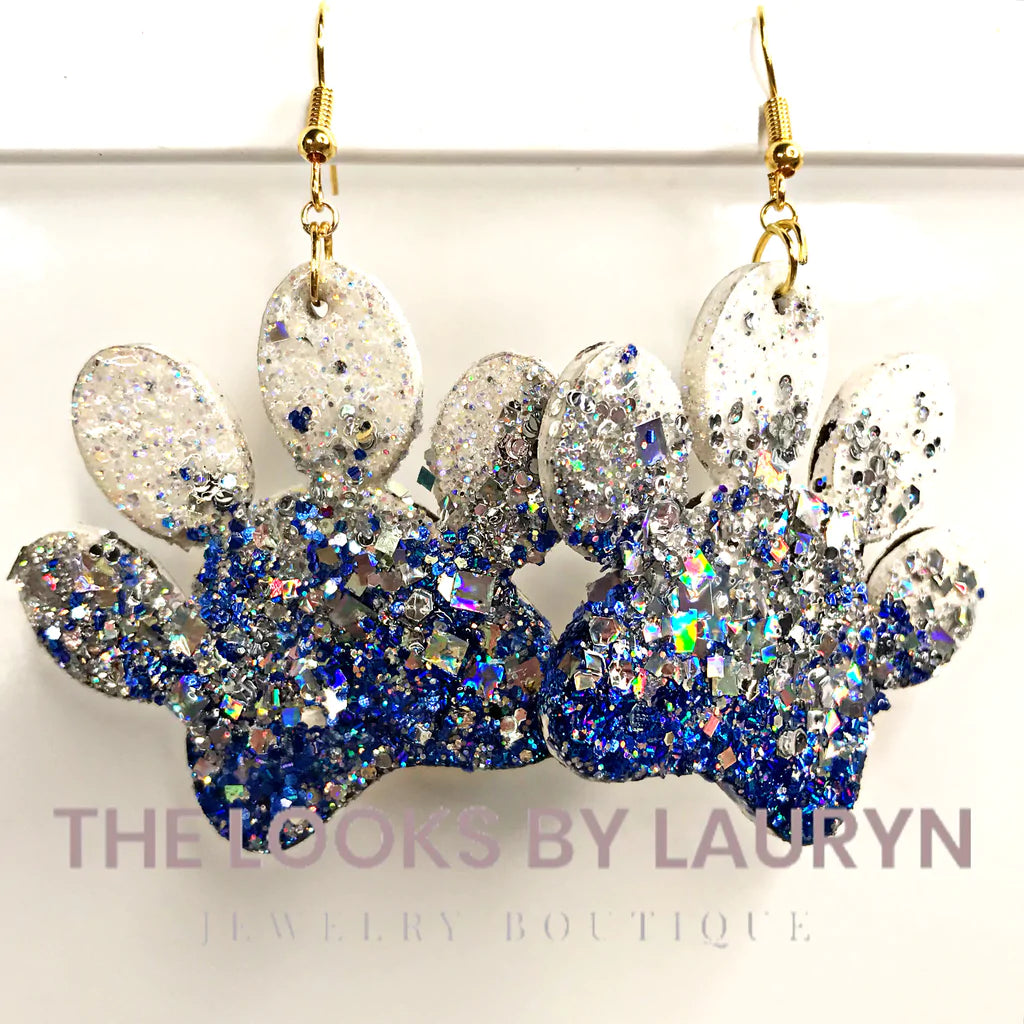 White Gold and Blue Ombré Paw Print Earrings