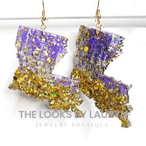 Purple and Gold Glitter Louisiana Glitter Earrings
