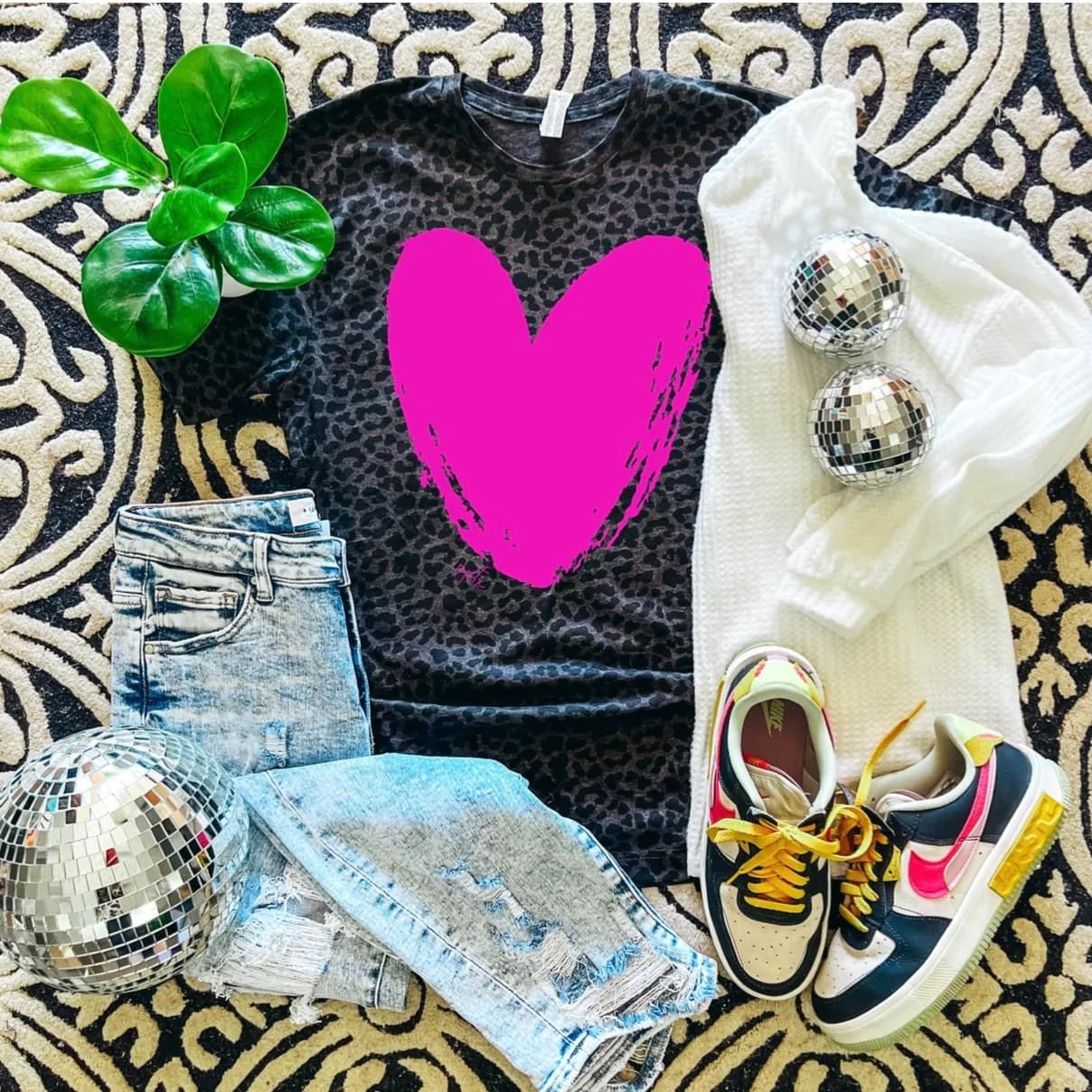 Pink Heart Black Leopard Tee