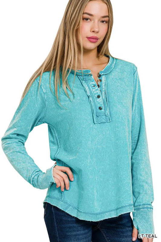 Tia Thumb Hole Cuff Henley Top- Teal