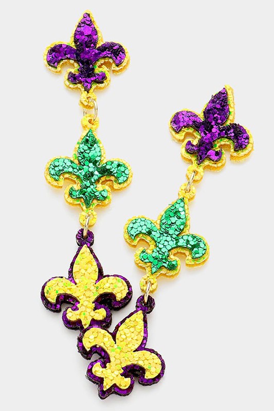 Mardi Gras Glittered Fleur de Lis Link Earrings