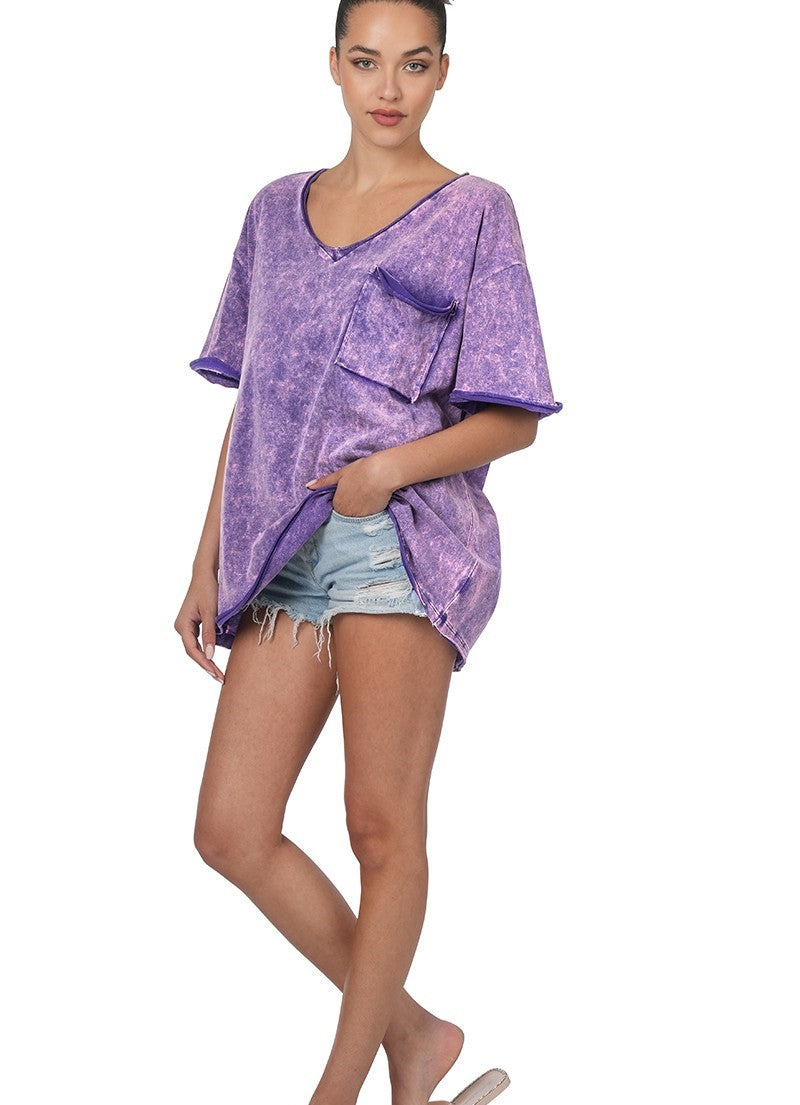 Candy Mineral Wash V-Neck Top- Purple