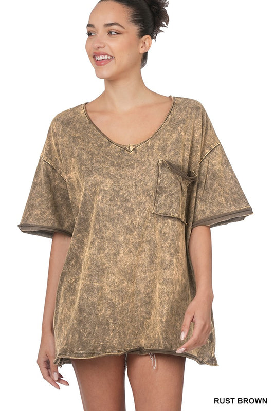 Candy Mineral Wash V-Neck Top- Rust Brown