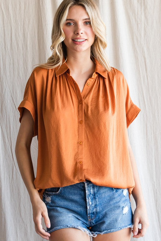 Sadie Satin Button Up Top- Amber