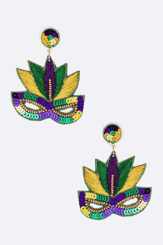 Mardi Gras Seed Bead Feather Mask Earrings