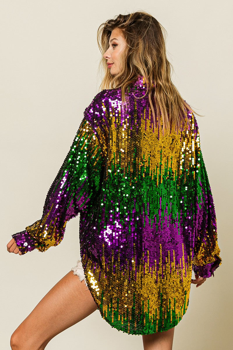 Mardi Gras Sequin Button Up