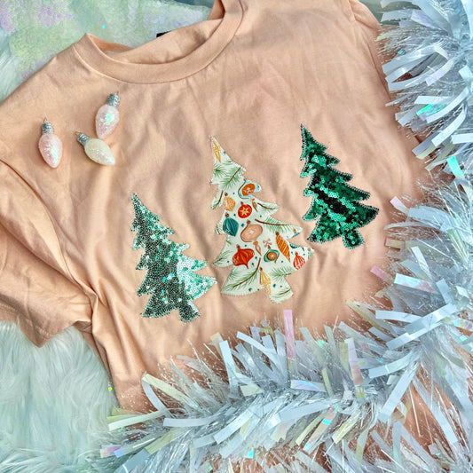 Sequin Peach Christmas Tree Trio Tee