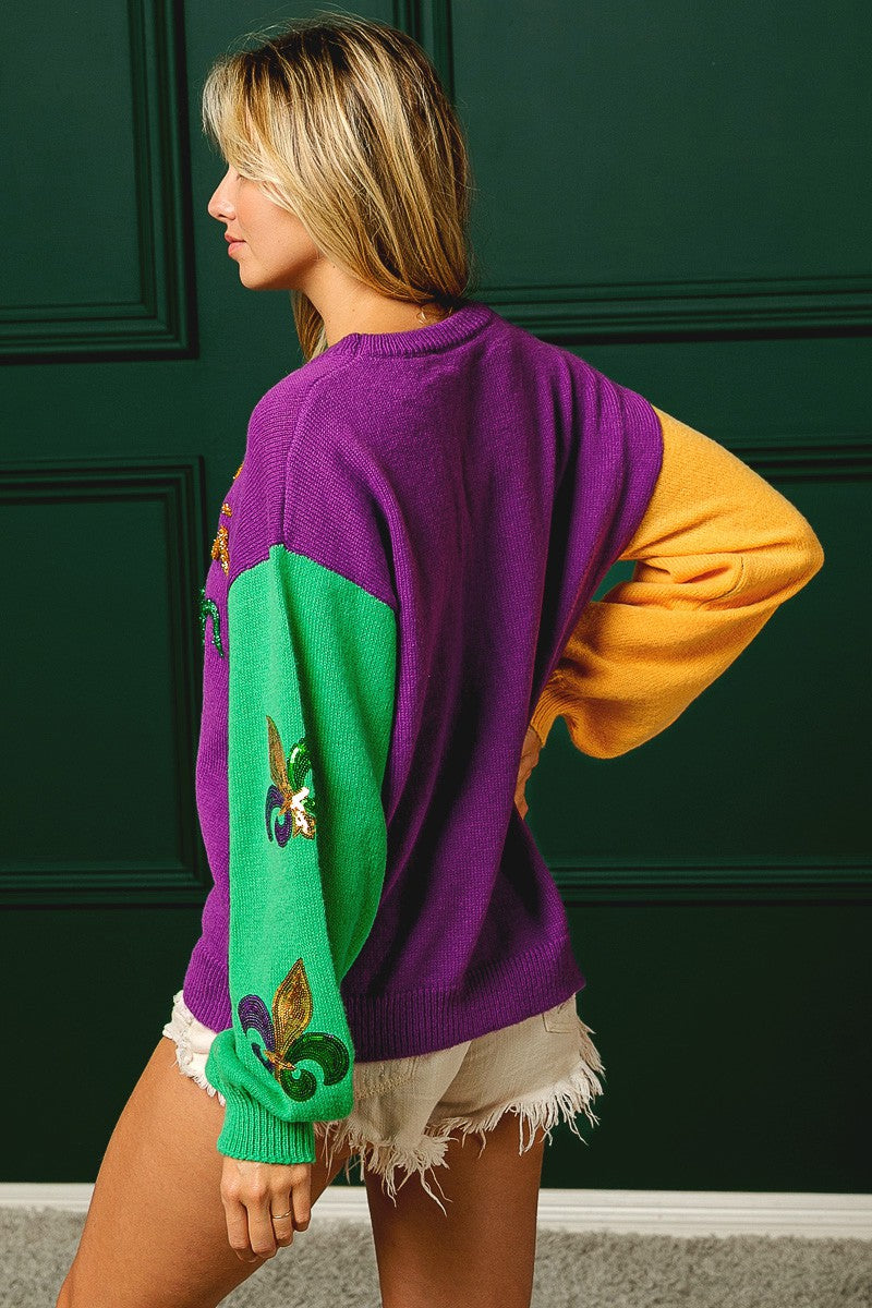 Fleur De Lis Mardi Queen Tinsel Color Block Sweater