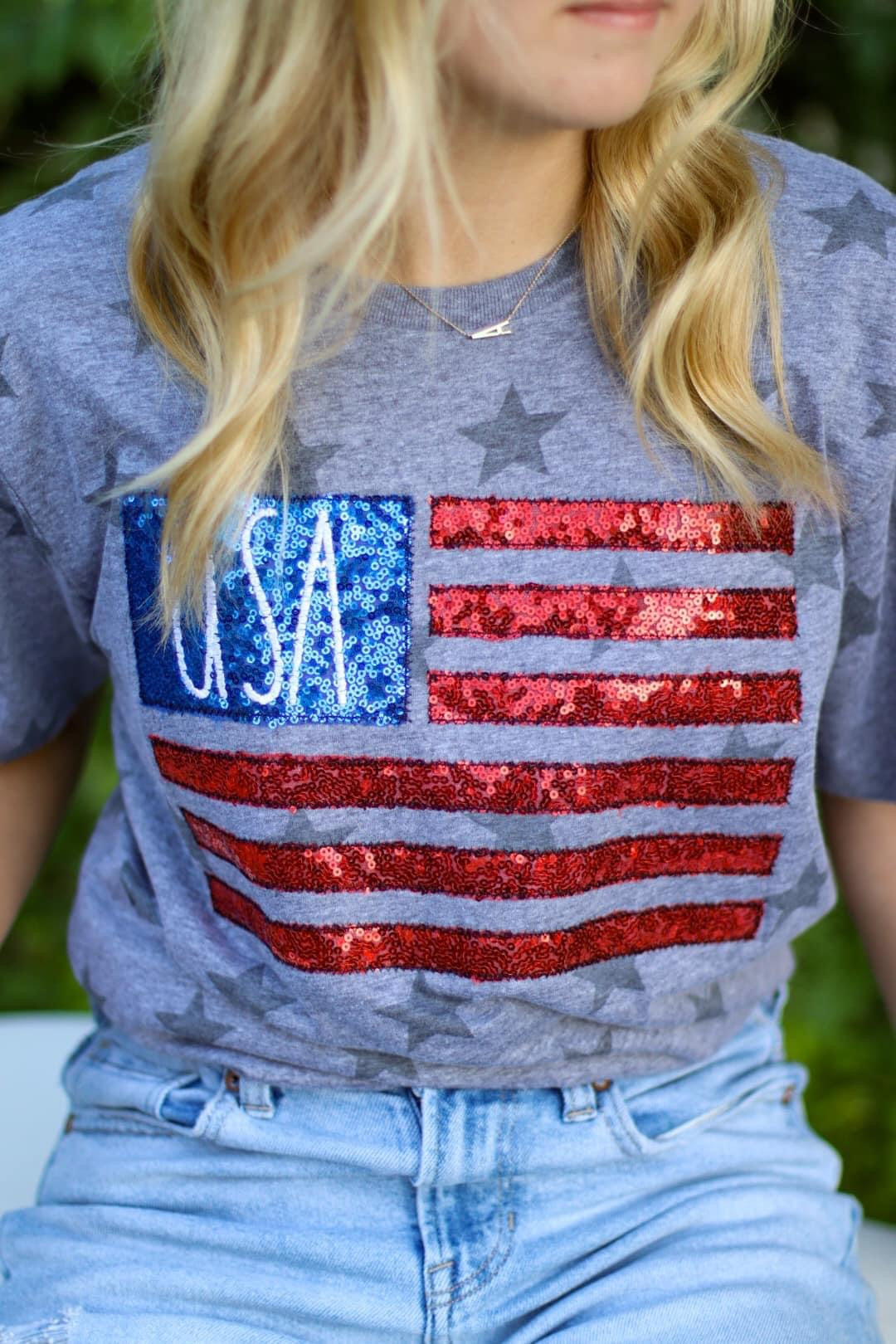 USA Sequin Flag Star Tee