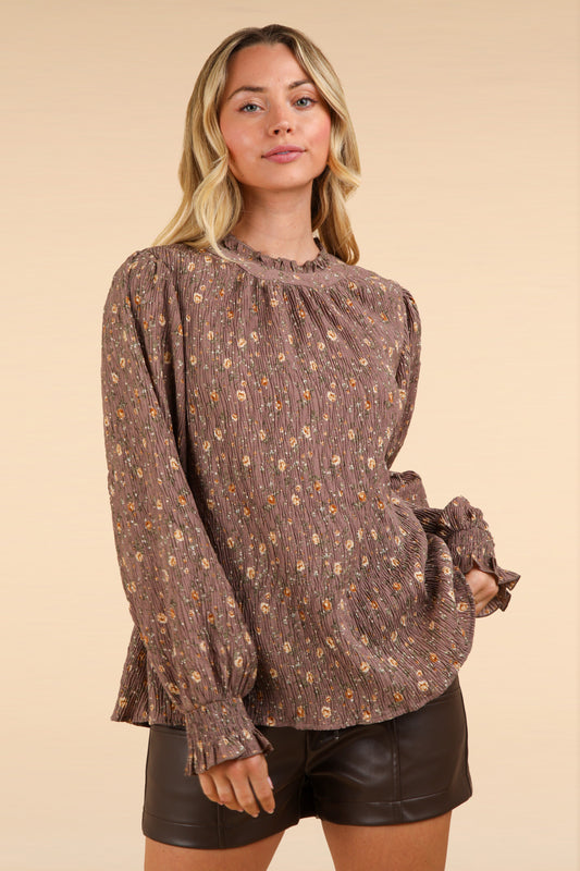 Falling for Floral Mock Neck Top- Taupe