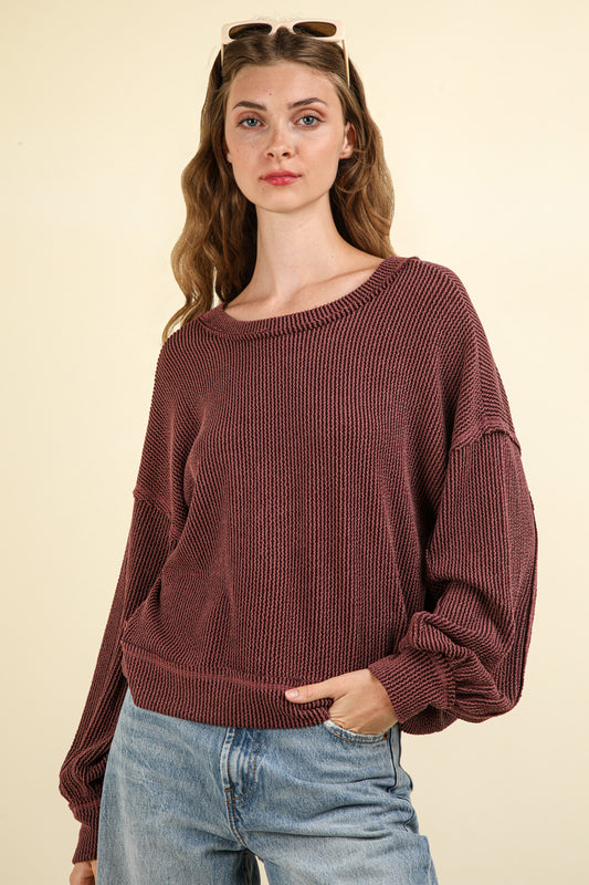 Autumn Ribbed Knit Top- Wine