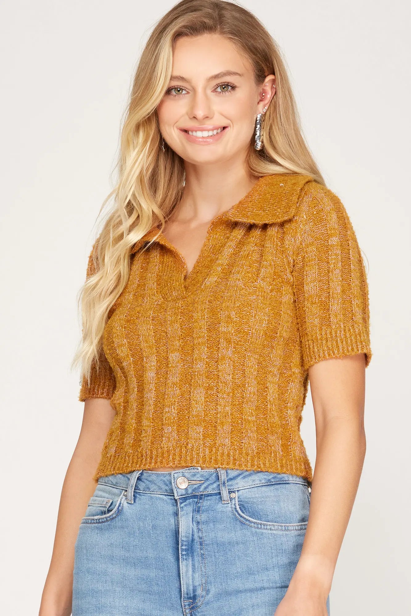 Caramel Collared Marled Sweater Top