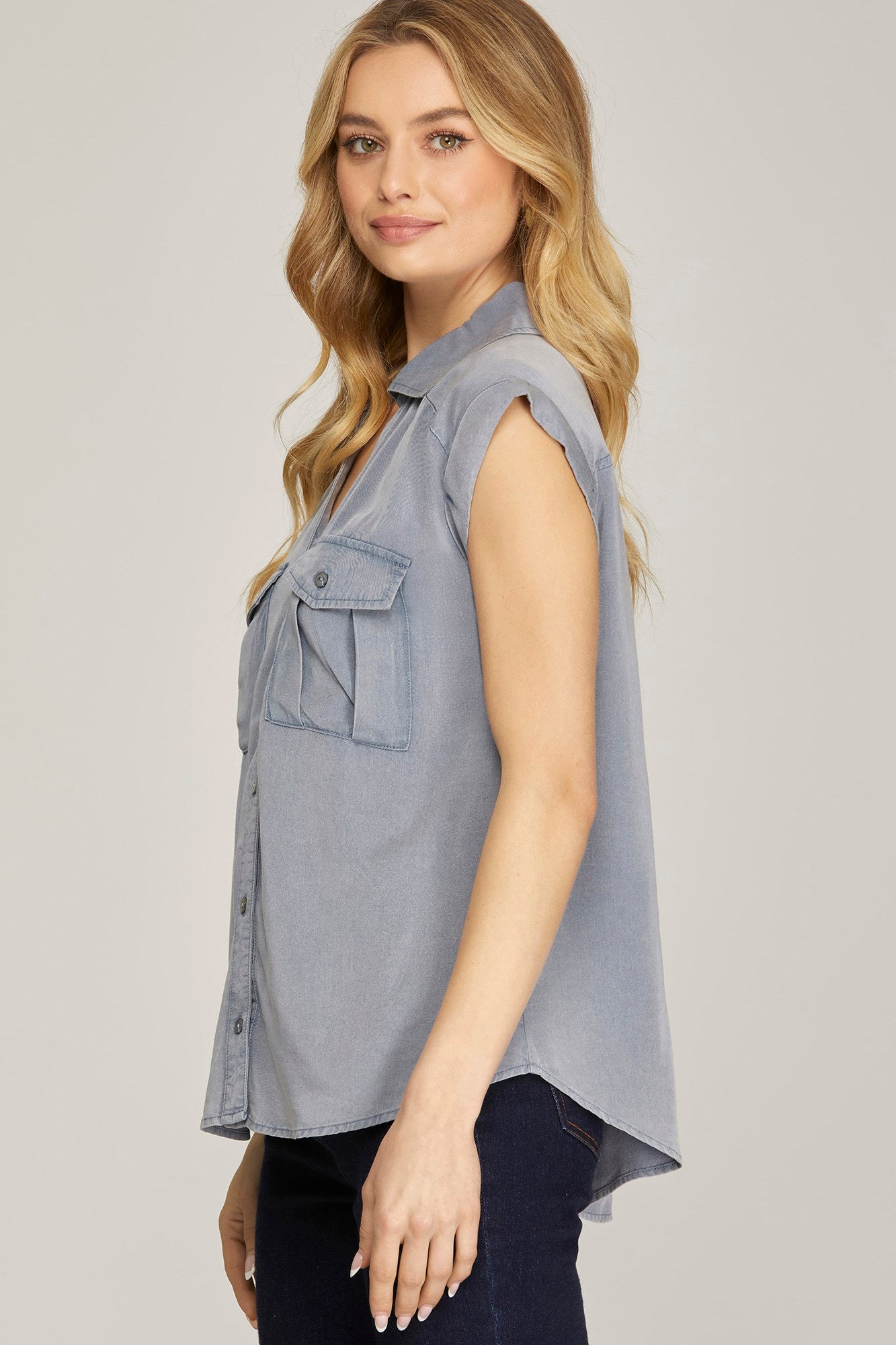Denim Washed Button Up Top