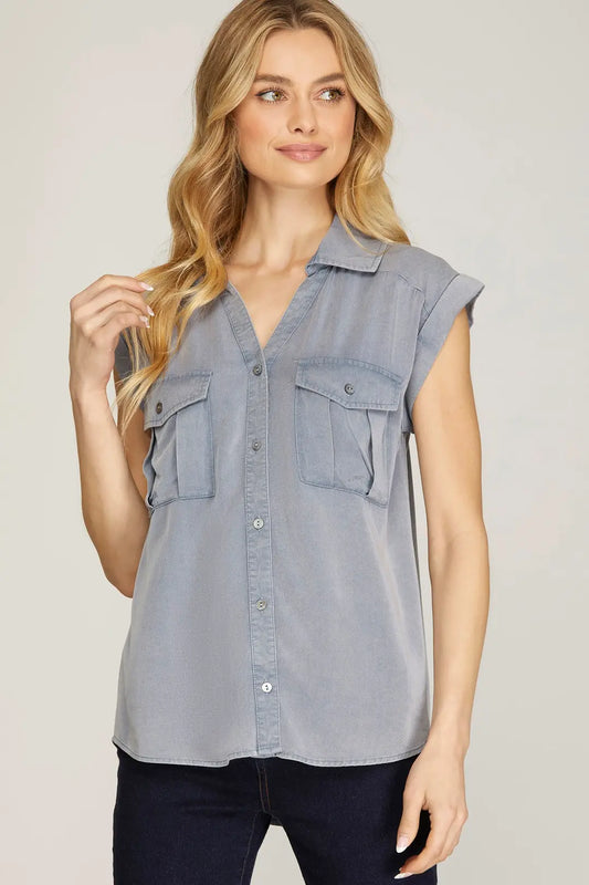 Denim Washed Button Up Top