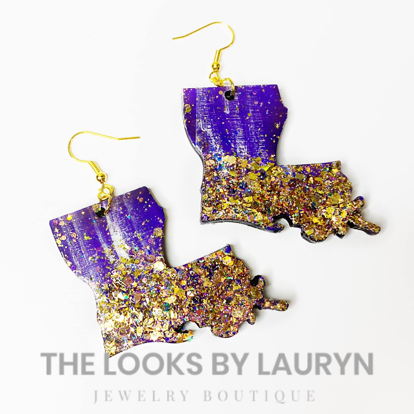 Purple and Gold Glitter Louisiana Glitter Earrings