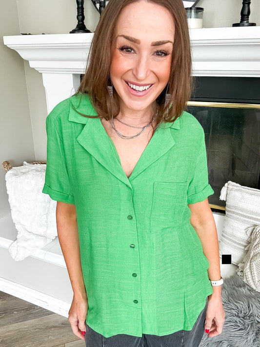 Green Linen Button Up Top