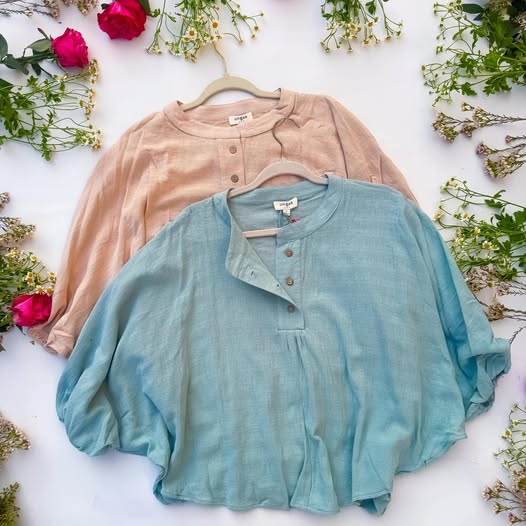 Textured Button Front Scoop Top