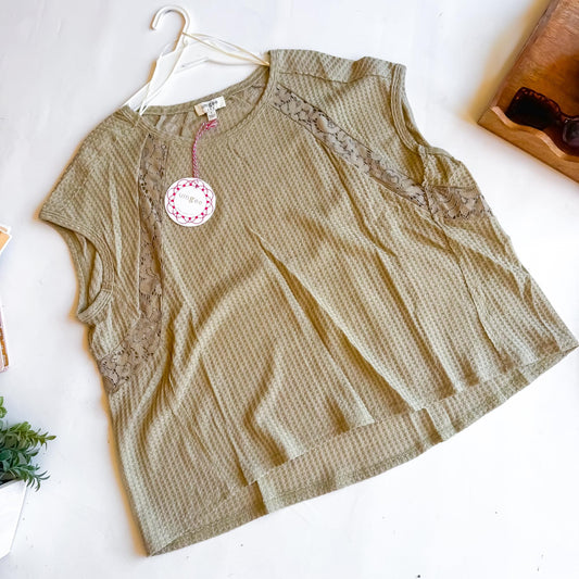 Olive Waffle and Lace Mix Top
