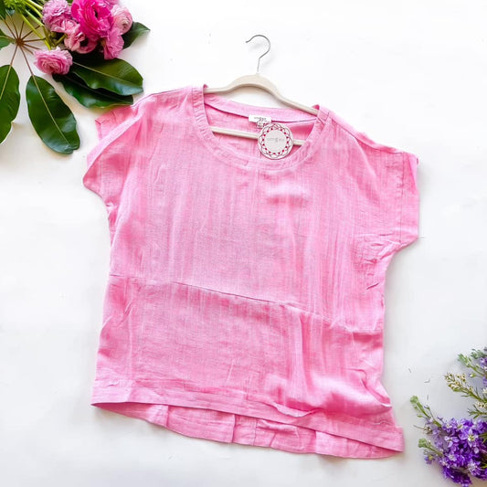 Pink Linen Blend Double Hem Top