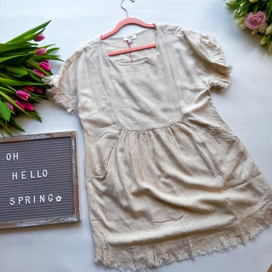 Oatmeal Linen Frayed Hem Dress