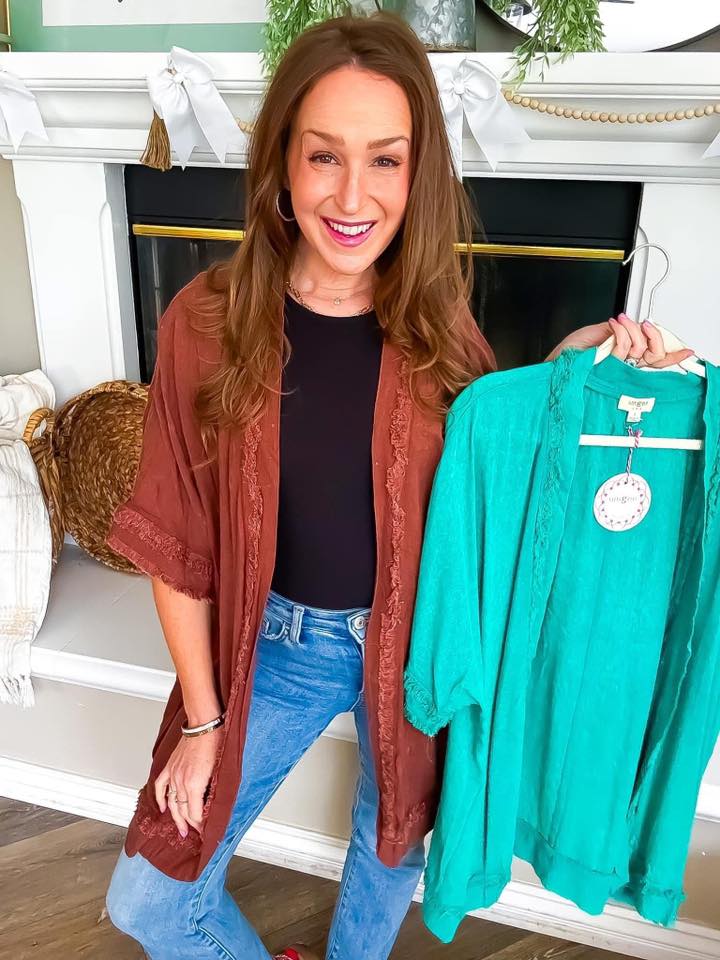 Brown Distressed Double Hem Kimono