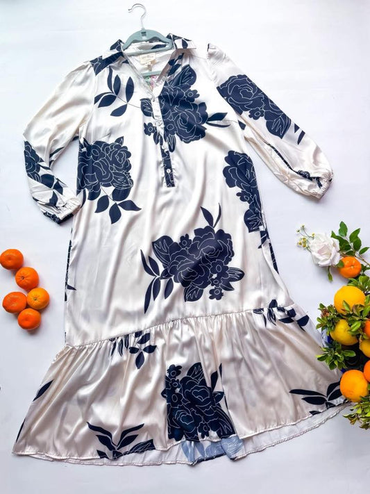 Ivory Floral Silky Midi Dress
