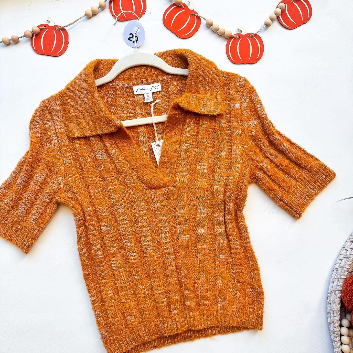 Caramel Collared Marled Sweater Top