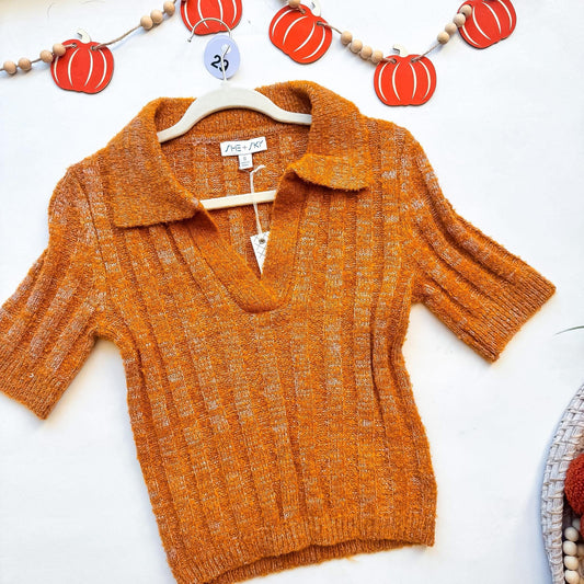 Caramel Collared Marled Sweater Top