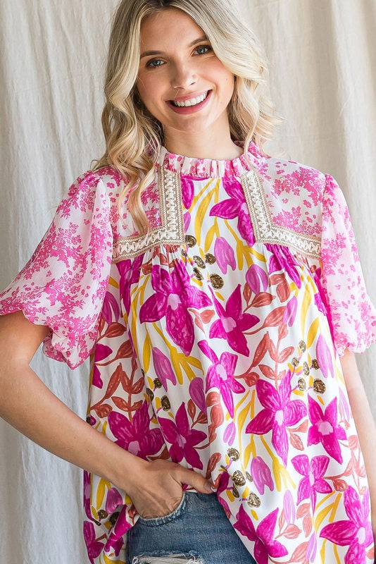 Fuchsia Floral Print Embroidered Top