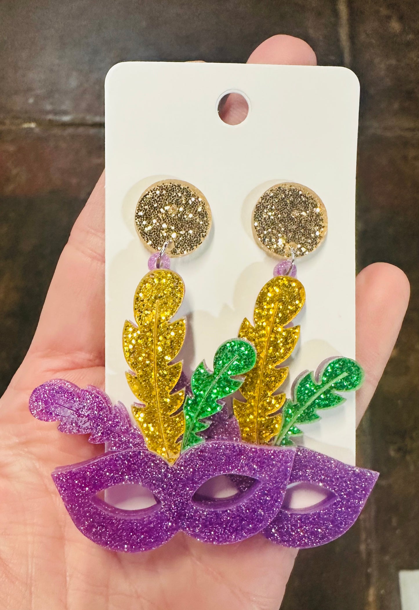 Mardi Gras Glittered Resin Mask Dangle Earrings