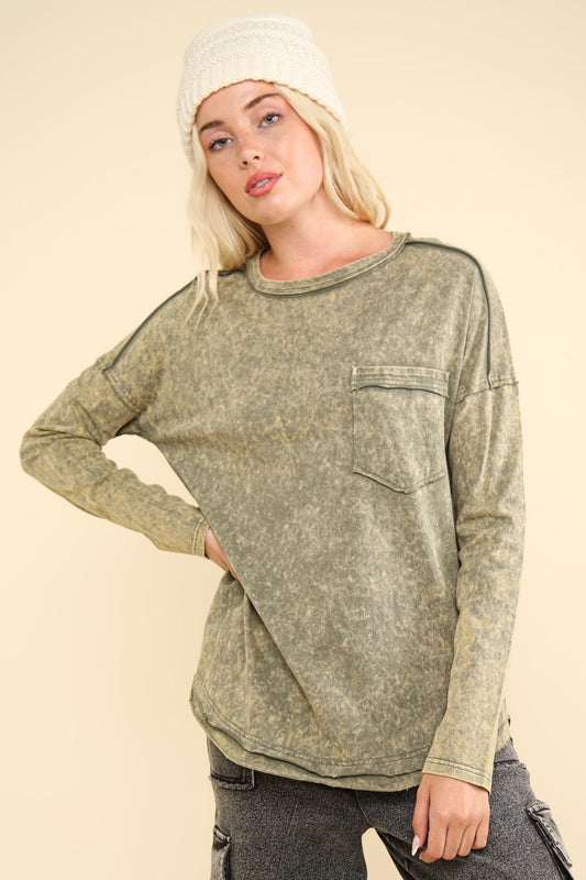 Maggie Mineral Wash Pocket Top- Olive