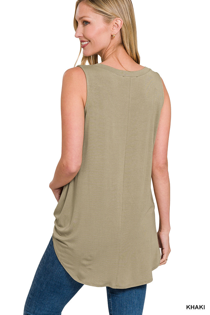 Erin V-Neck Rounded Hem Tank- Khaki