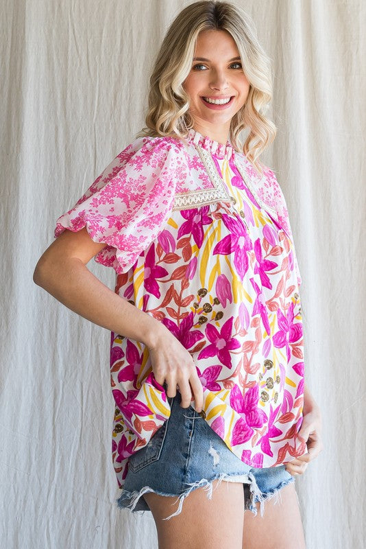 Fuchsia Floral Print Embroidered Top