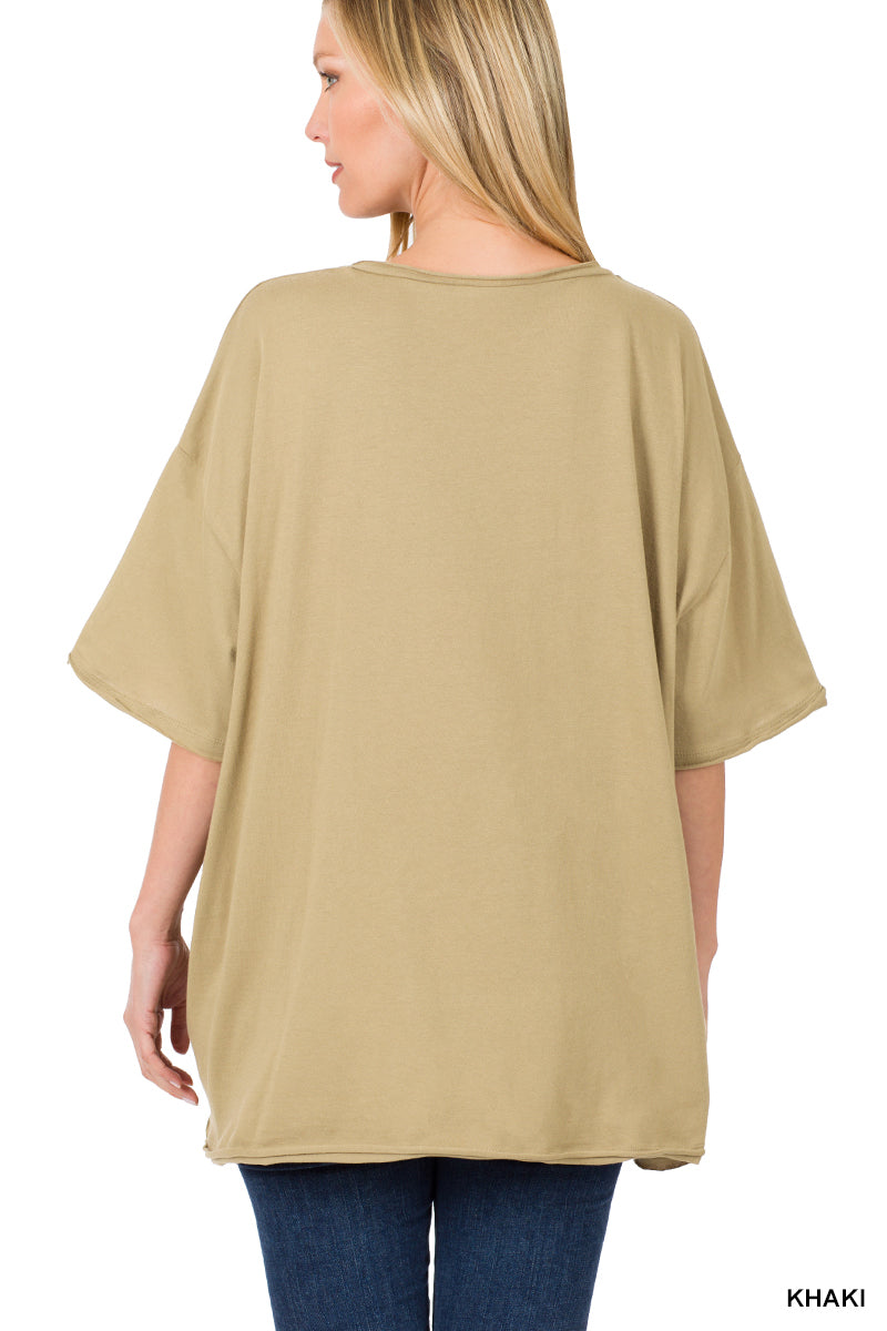 Kali Khaki V-Neck Raw Edge Top