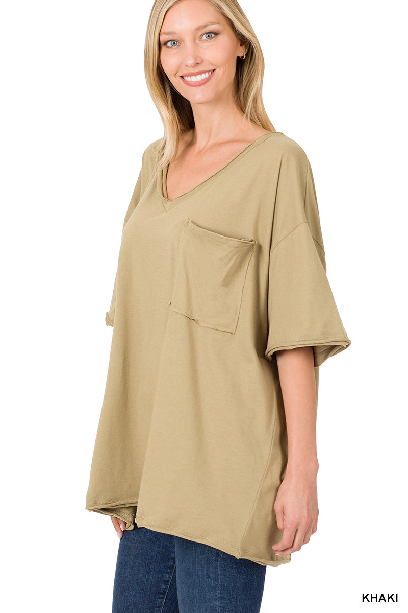 Kali Khaki V-Neck Raw Edge Top