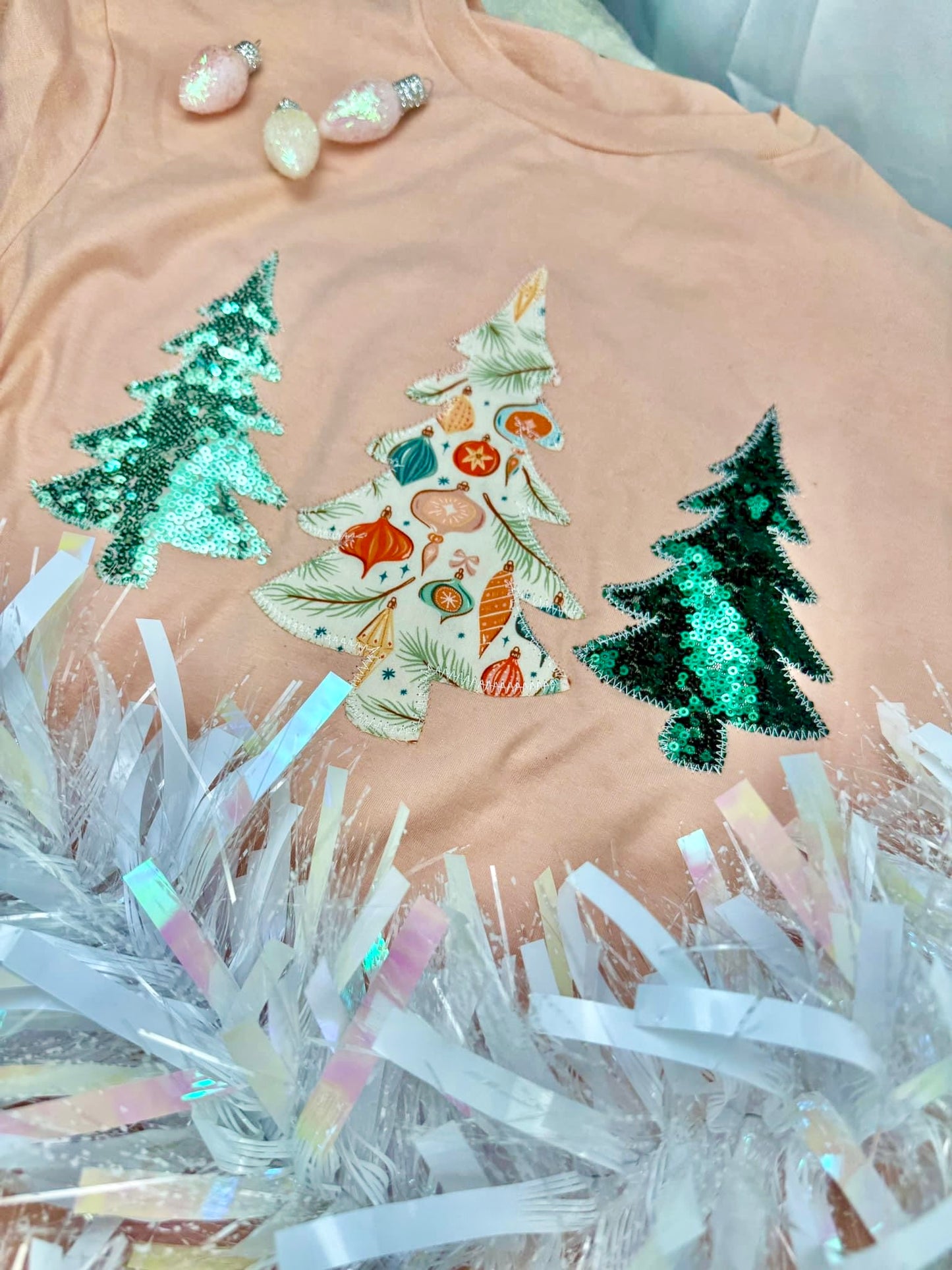 Sequin Peach Christmas Tree Trio Tee