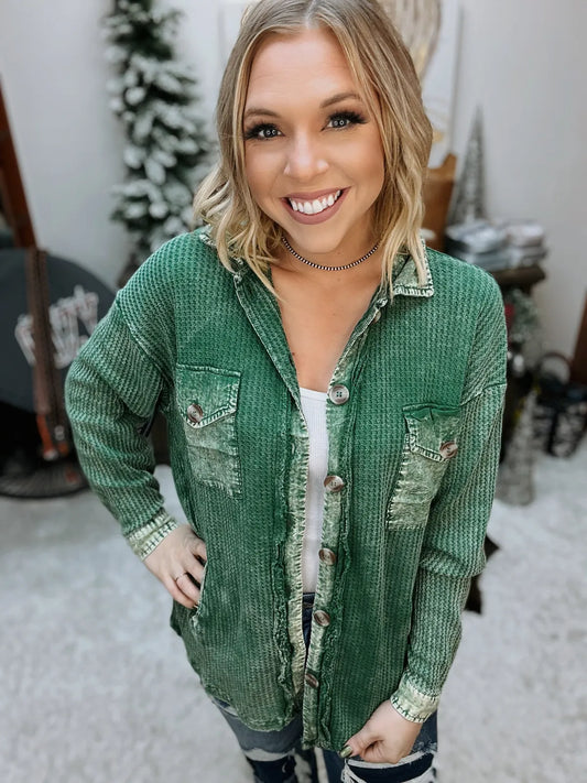 Acid Wash Waffle Knit Shacket- Green