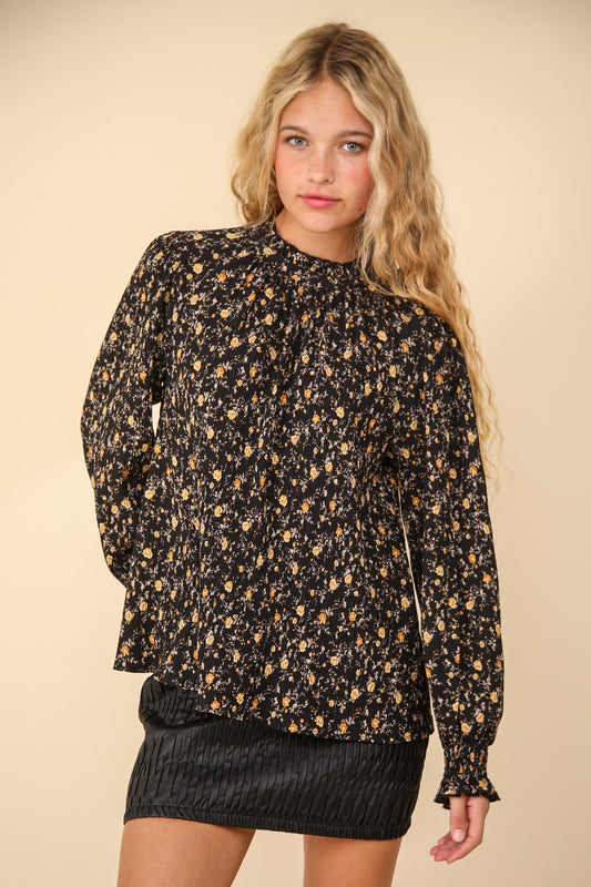 Falling for Floral Mock Neck Top- Black