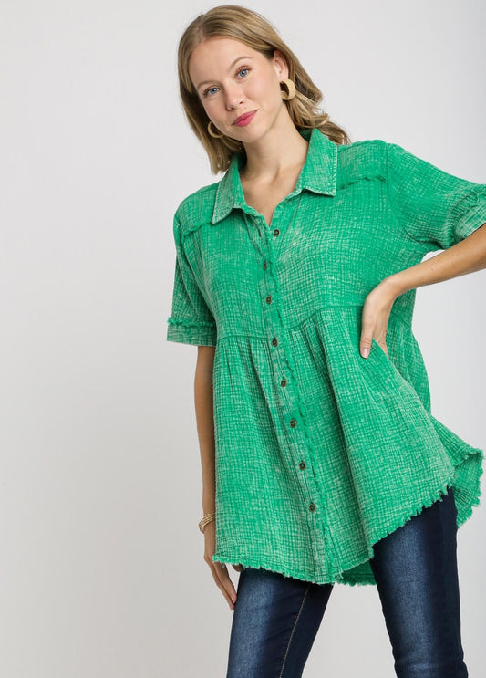 Mineral Wash Baby Doll Tunic Top- Emerald