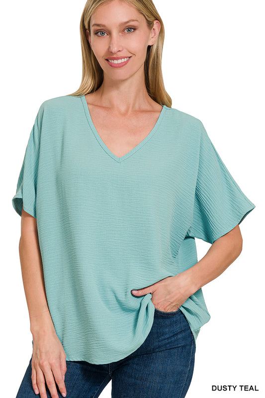 Bree V-Neck Airflow Top- Dusty Teal