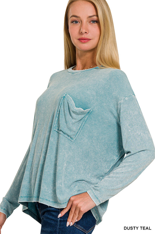 Whit Washed Dolman Pocket Top- Dusty Teal