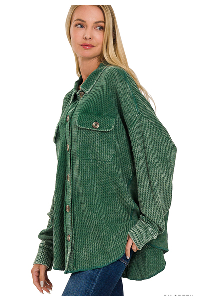 The Muses Button Down Waffle Shacket- Green