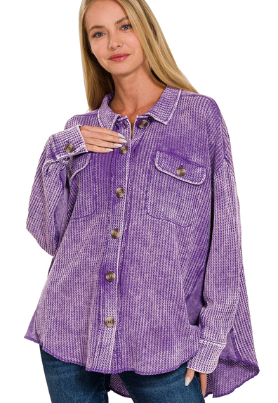The Muses Button Down Waffle Shacket- Purple