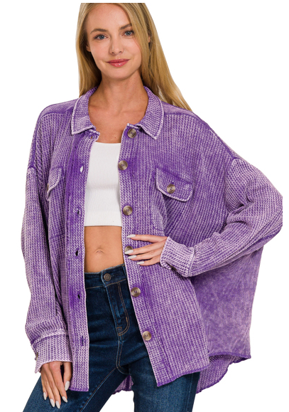 The Muses Button Down Waffle Shacket- Purple