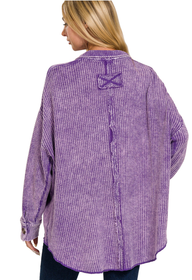 The Muses Button Down Waffle Shacket- Purple