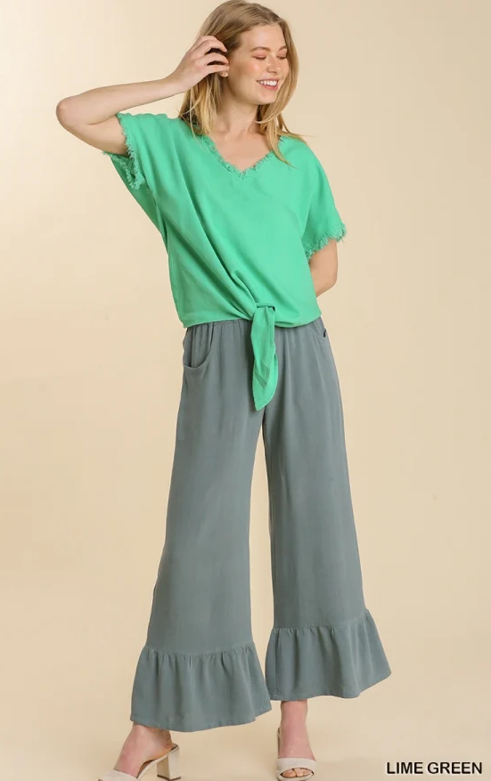 Linen Frayed V-Neck Knotted Top- Green