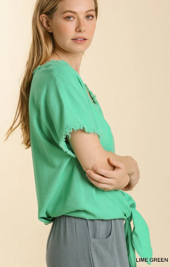 Linen Frayed V-Neck Knotted Top- Green