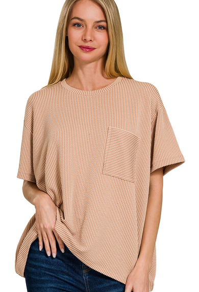 Reese Ribbed Knit Pocket Top- Brush