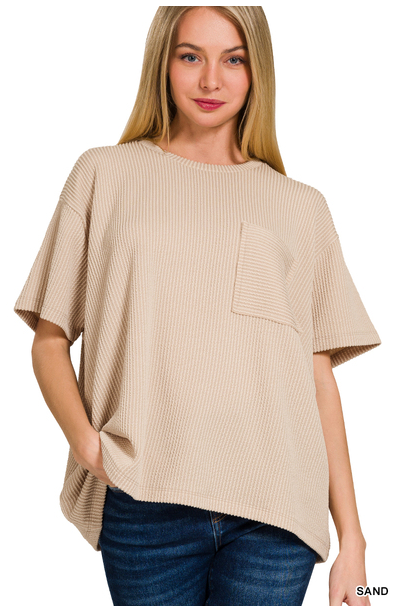 Reese Ribbed Knit Pocket Top- Sand